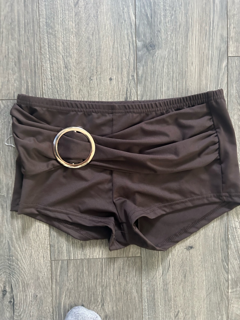 Brown Women's Bike Shorts with Decorative Gold Ring